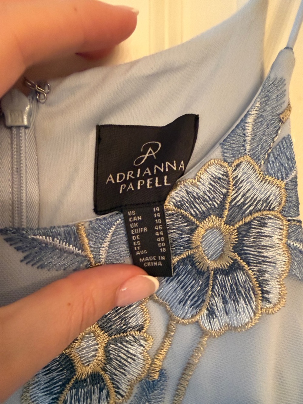 Adrianna Papell Light Blue and Gold Floral Halter Maxi Dress - Size 14 - Picture 9 of 14
